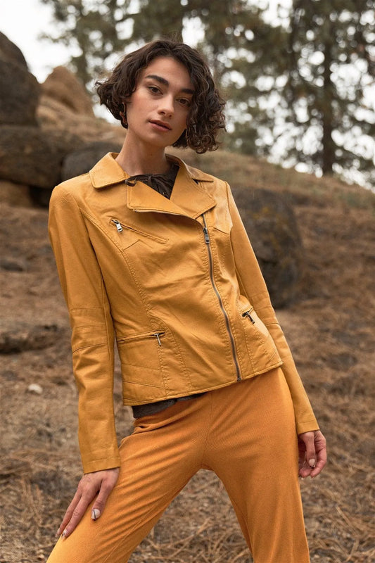 Gamboge Vegan Leather Long Sleeve Biker Jacket - Tasha Apparel Wholesale