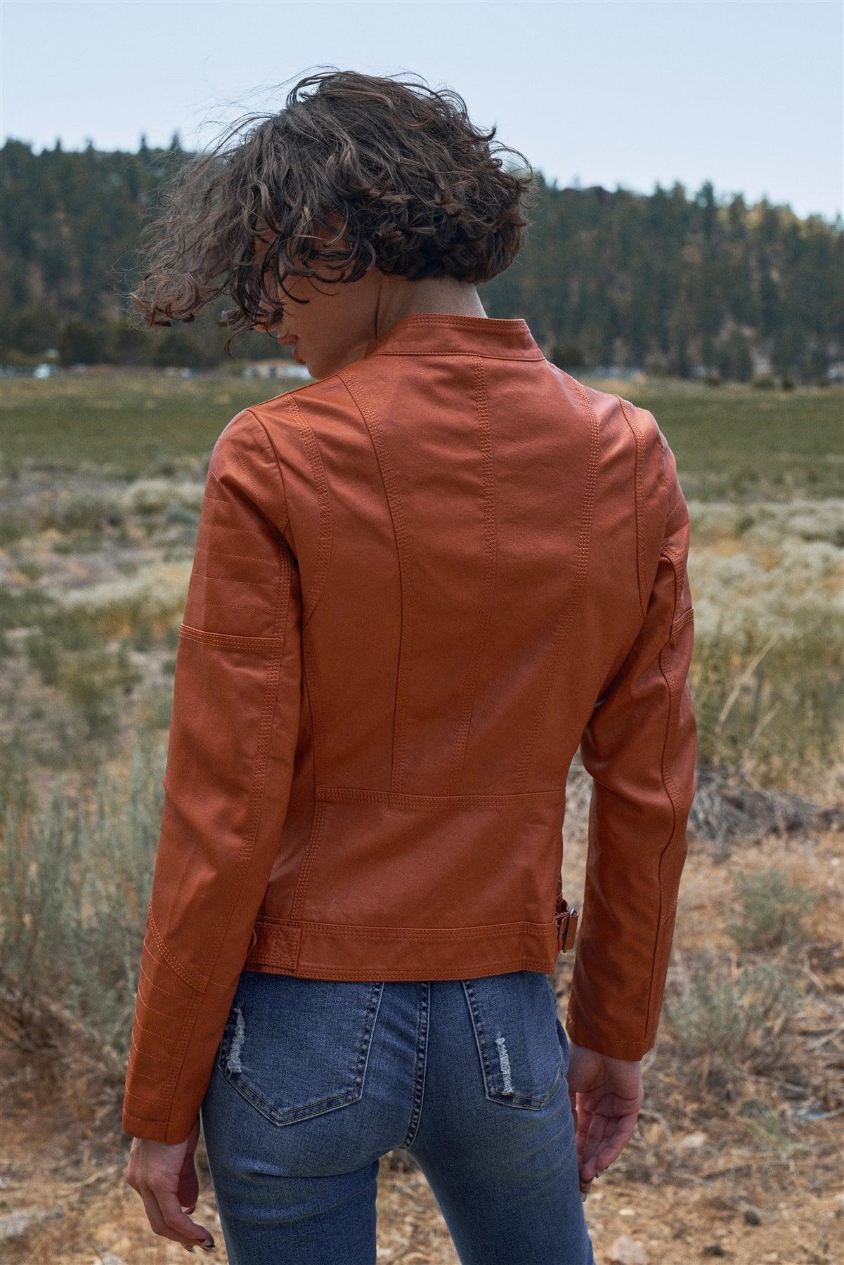 Rust Vegan Leather Long Sleeve Biker Jacket /1-1-1-1