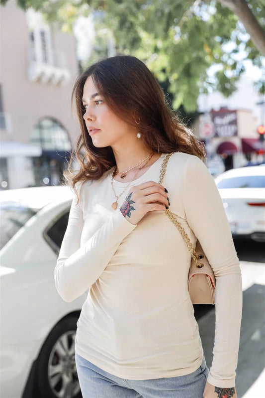 Beige Plain Second Skin Long Sleeve Basic Top /1-2-3 - Tasha Apparel Wholesale