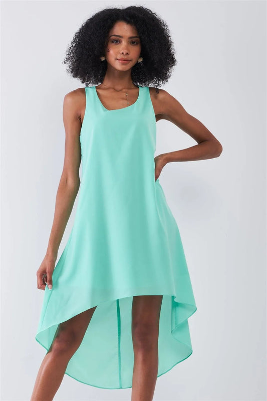 Fresh Mint Round Neck Sleeveless Asymmetrical Hem Relaxed Uneven Dress /1-2-2-1 - Tasha Apparel Wholesale