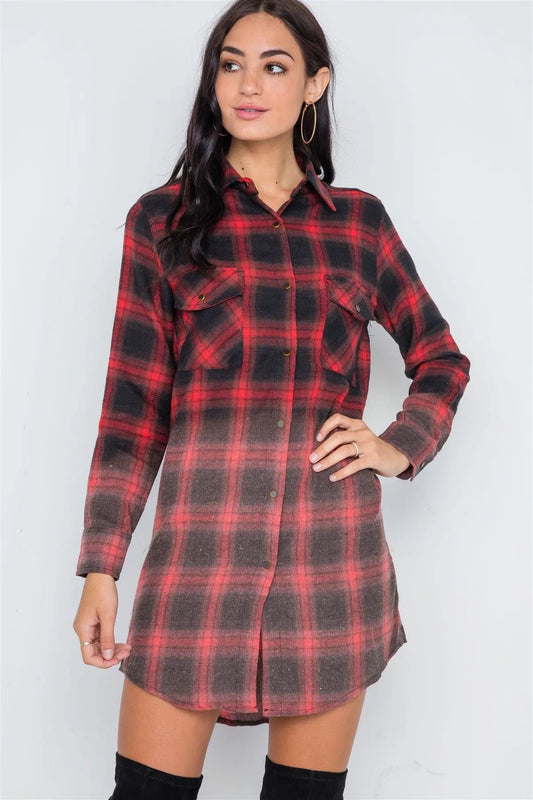 Red Black Plaid Flannel Long Sleeve Shirt Dress /3-2-1 - Tasha Apparel Wholesale
