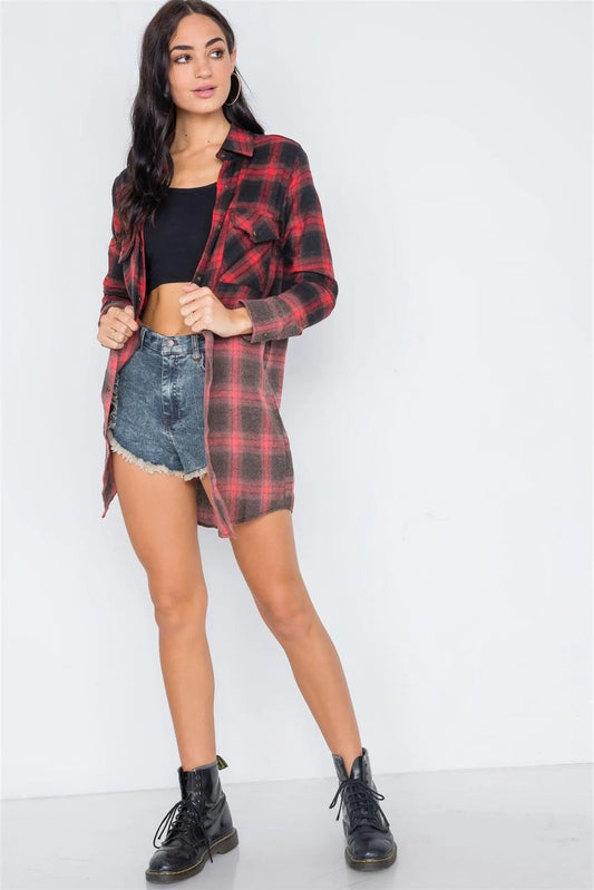 Red Black Plaid Flannel Long Sleeve Shirt Dress /4-2 - Tasha Apparel Wholesale