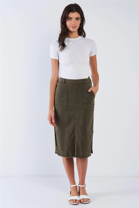 Olive Denim High Waisted Pencil Midi Cargo Knee Length Skirt With Large Front Pockets /3-2-1 - Tasha Apparel Wholesale