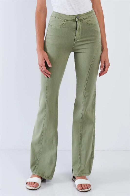 Deep Sage High Waisted Bell Bottom Pants /3-2-1 - Tasha Apparel Wholesale
