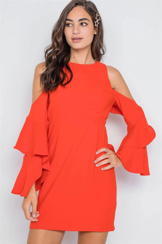 Coral Cold Shoulder Bell Sleeve Mini Dress /1-2-2 - Tasha Apparel Wholesale