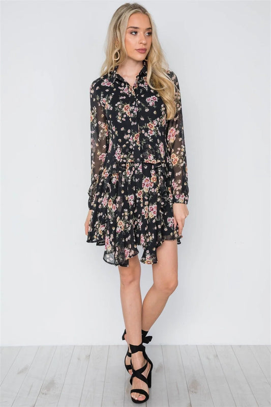 Black Floral Print Long Sleeve Chiffon Flounce Dress / 1-2-2-1 - Tasha Apparel Wholesale