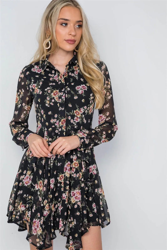 Black Floral Print Long Sleeve Chiffon Flounce Dress /1-4-3 - Tasha Apparel Wholesale
