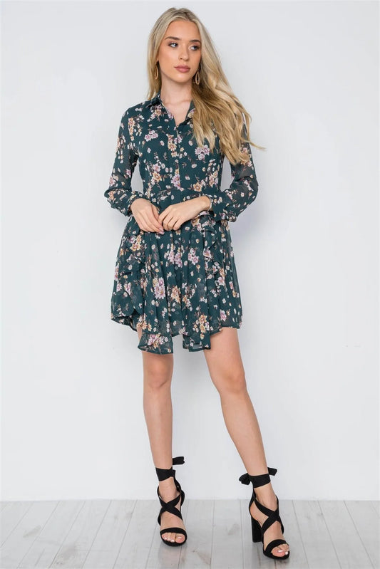 Green Floral Print Long Sleeve Chiffon Flounce Dress /1-1-2 - Tasha Apparel Wholesale