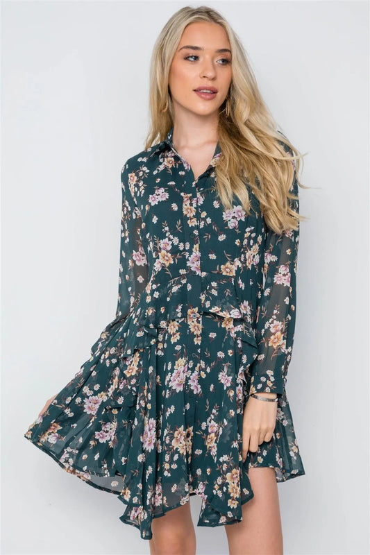 Green Floral Print Long Sleeve Chiffon Flounce Dress /1-2-2-1 - Tasha Apparel Wholesale