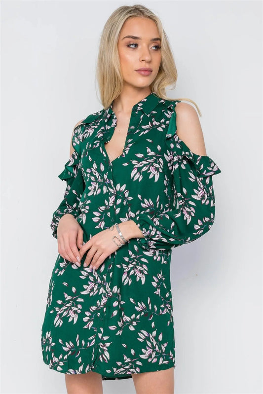 Green Cold Shoulder Long Sleeve Button Down Mini Dress /1-2-2-1 - Tasha Apparel Wholesale
