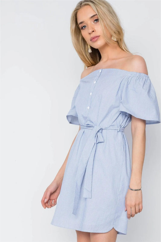 Blue White Stripe Off-The-Shoulder Boho Mini Dress /1-2-2-1 - Tasha Apparel Wholesale