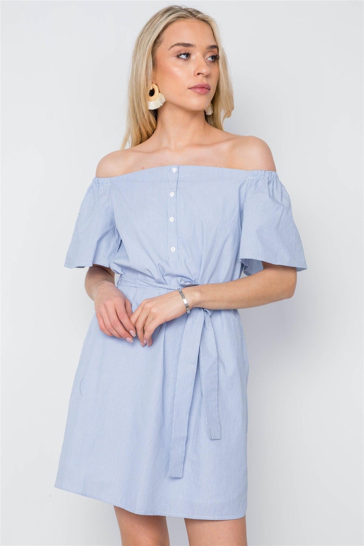 Blue White Stripe Off-The-Shoulder Boho Mini Dress /1-2-2-1