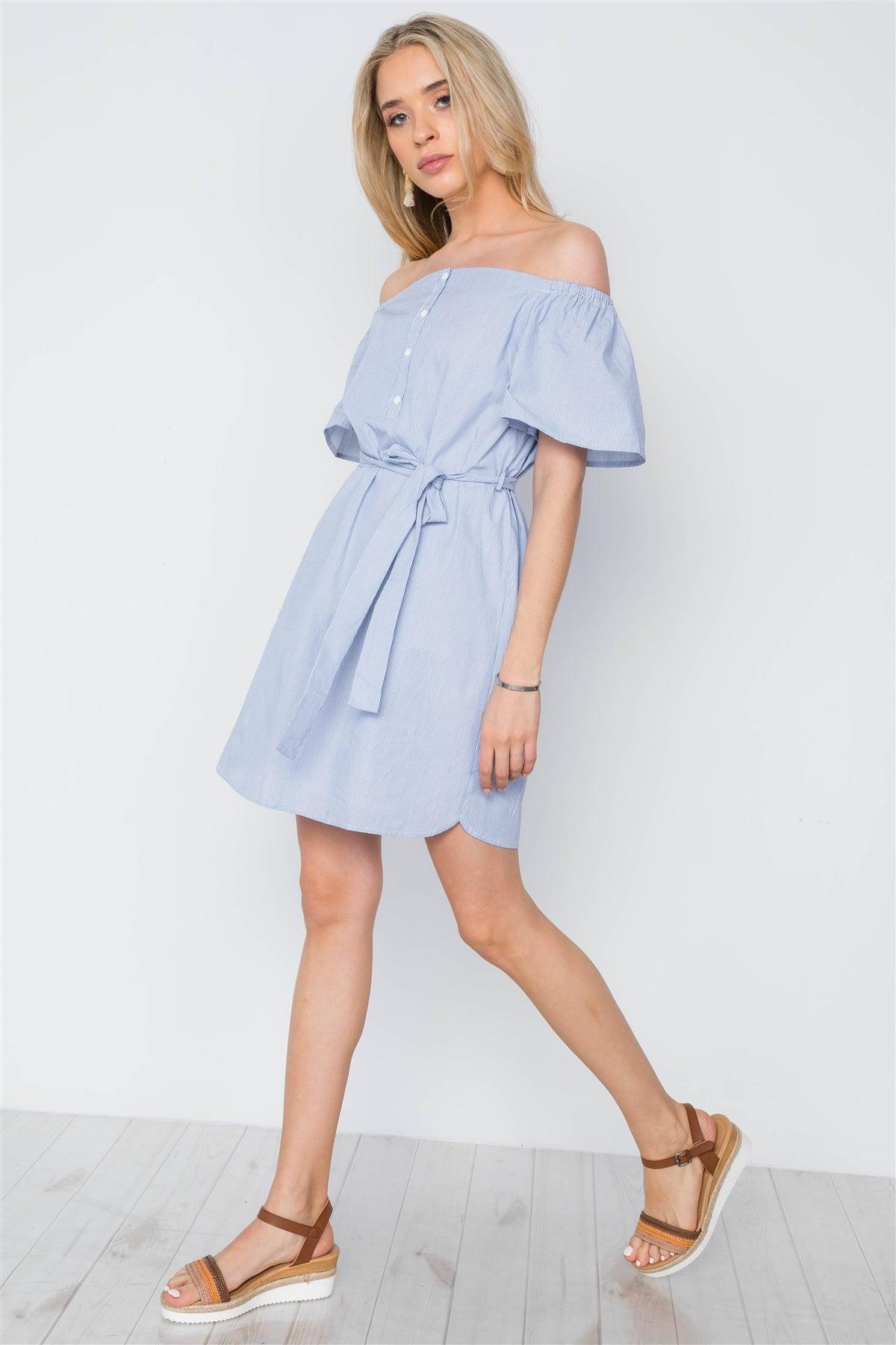 Blue White Stripe Off-The-Shoulder Boho Mini Dress /1-2-2-1