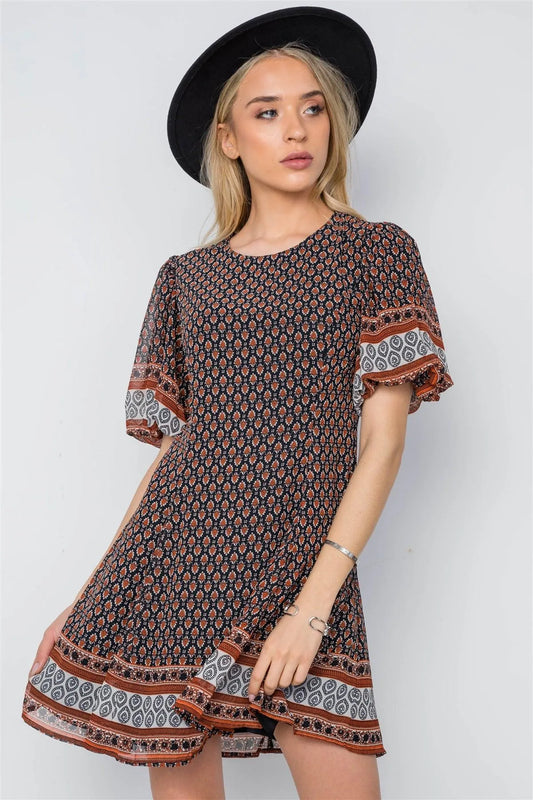 Rust Black Multi Print Puffy Sleeves Swing Mini Dress /1-2-2-1 - Tasha Apparel Wholesale