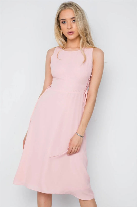 Blush Lace Up Sides Sleeveless Solid Midi Dress /1-2-1 - Tasha Apparel Wholesale