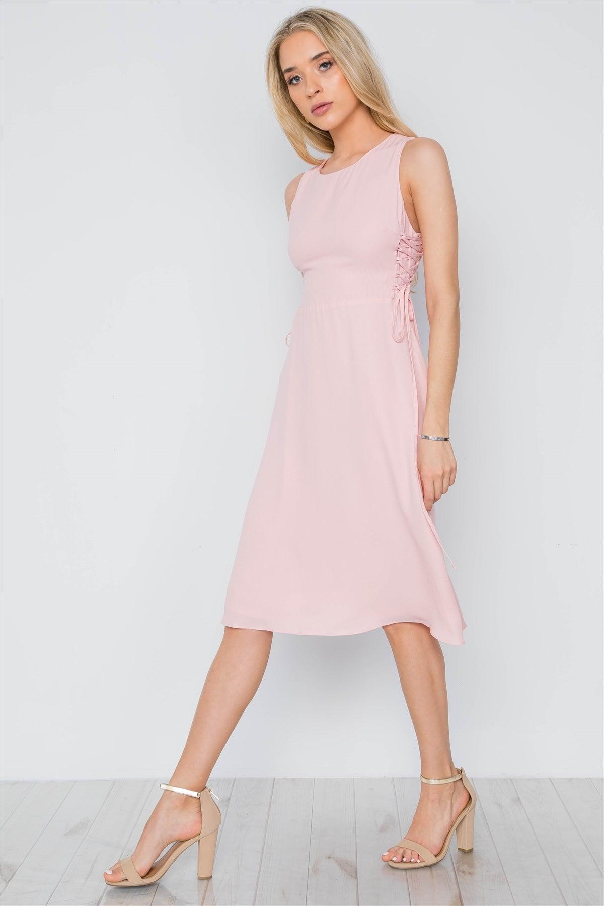 Blush Lace Up Sides Sleeveless Solid Midi Dress /1-2-1