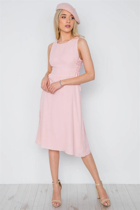 Blush Lace Up Sides Sleeveless Solid Midi Dress /1-2-2-1 - Tasha Apparel Wholesale