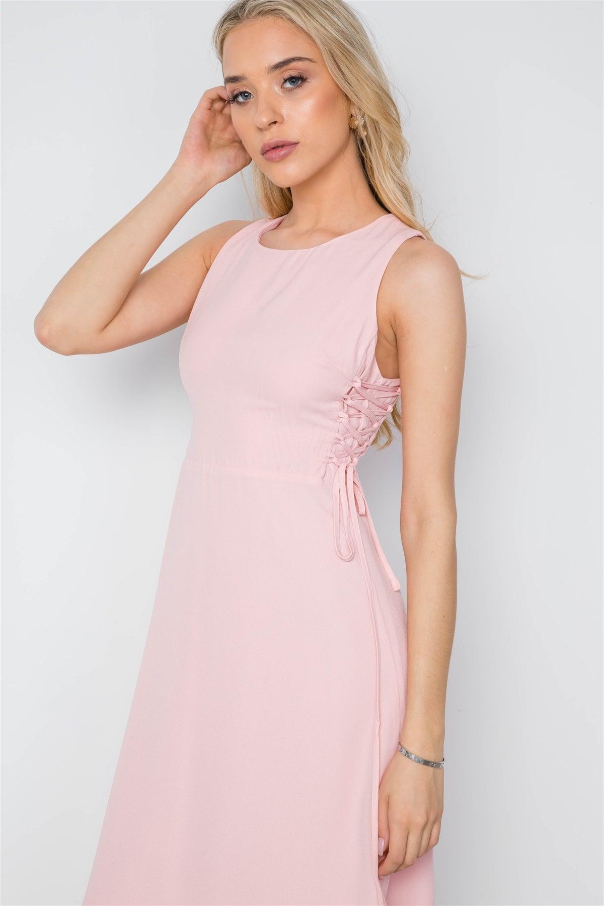 Blush Lace Up Sides Sleeveless Solid Midi Dress /1-2-2-1