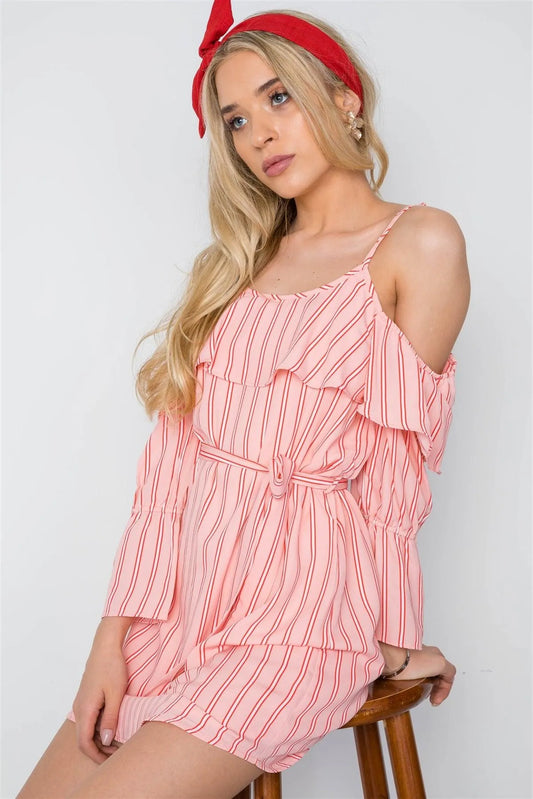 Peach Red Stripe Cold Shoulder Bell Sleeve Dress /1-2-2-1 - Tasha Apparel Wholesale
