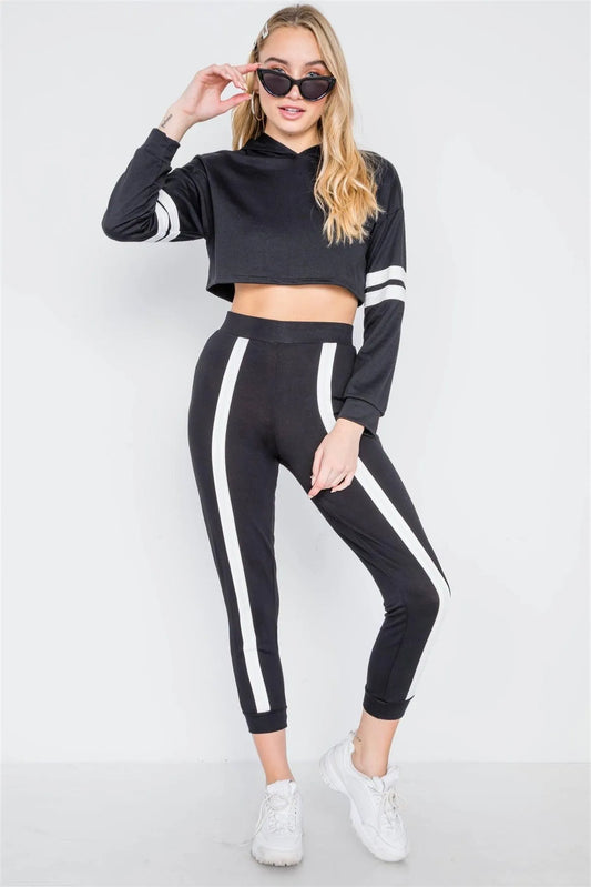 Black Two Piece Contrast Trip Crop Top Pants Set /1-2-2 - Tasha Apparel Wholesale