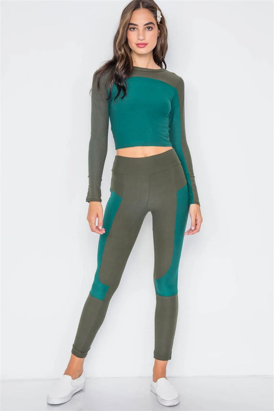 Green Knit Colorblock Two Piece Top & Legging Set / 2-2-2 - Tasha Apparel Wholesale