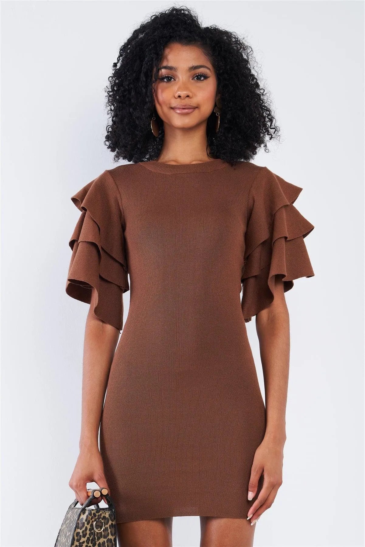 Light Coffee Brown Tight Fit Multi Layer Frill Short Sleeve Mini Dress