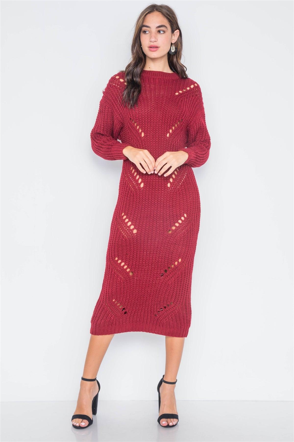 Burgundy Chunky Knit Long Sleeve Sweater Dress / 3-3