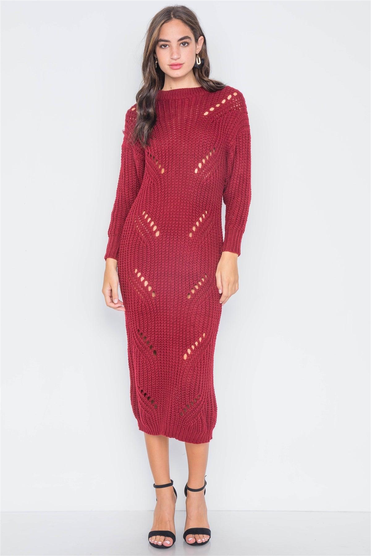 Burgundy Chunky Knit Long Sleeve Sweater Dress / 3-3