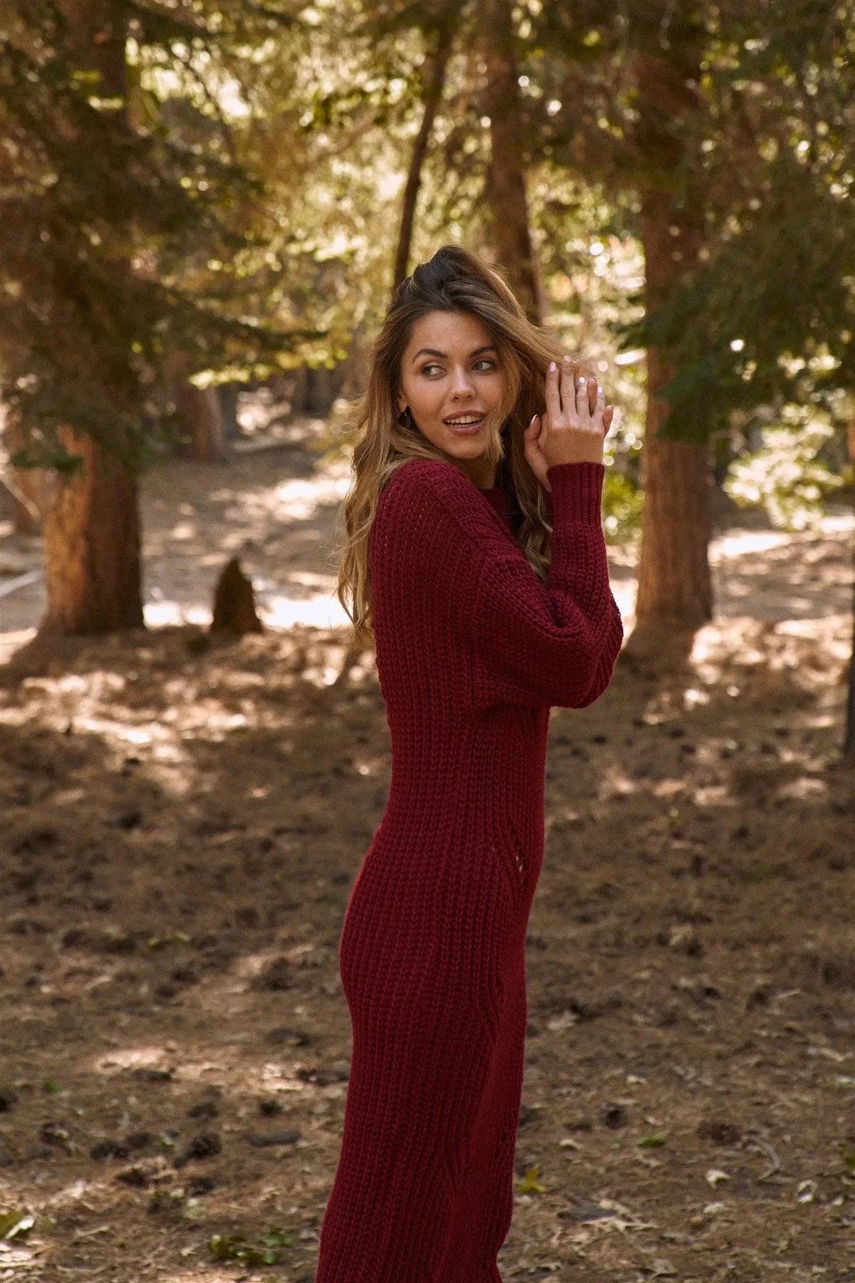 chunky knit sweater dress Burgundy Chunky Knit Long Sleeve Sweater Dress