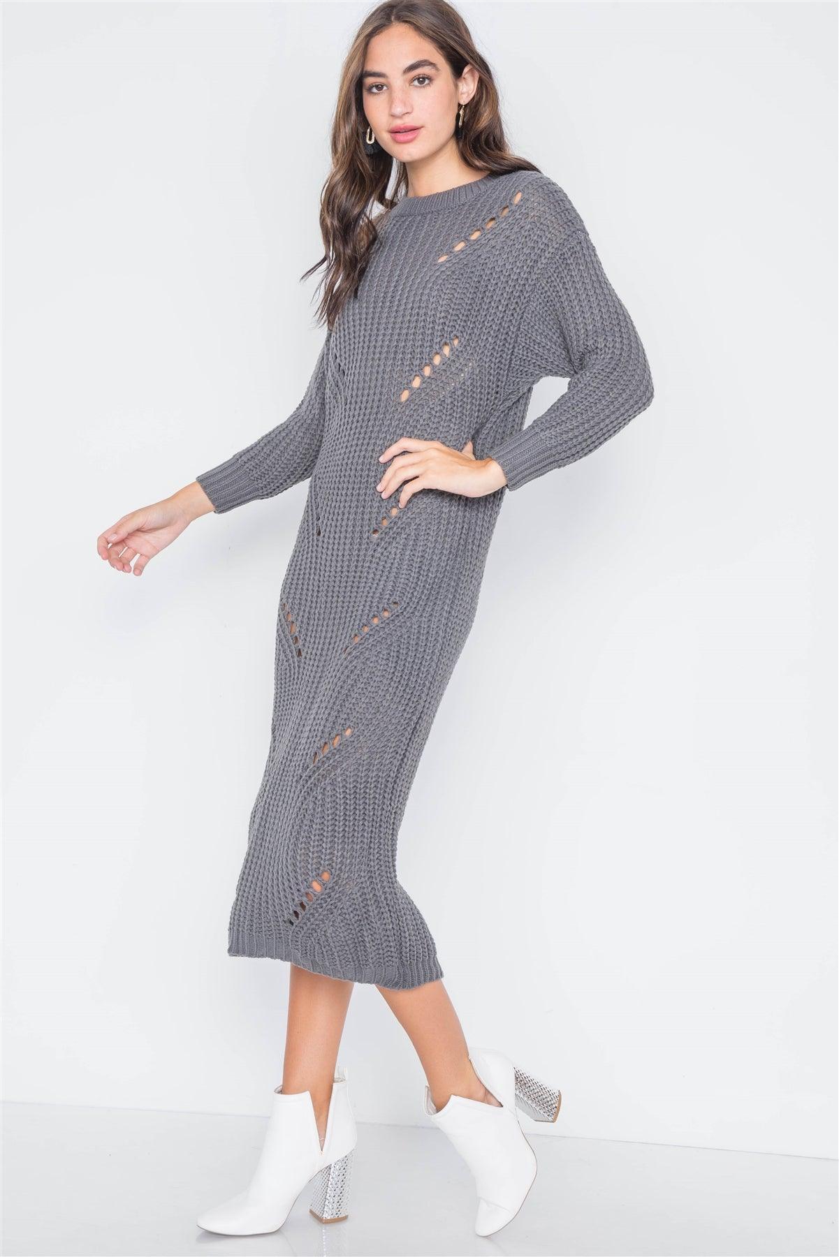 Grey Chunky Knit Long Sleeve Sweater Dress /3-3