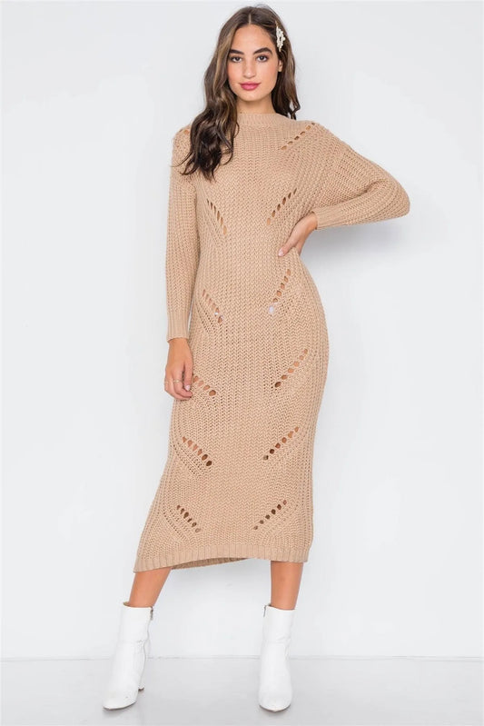 Khaki Chunky Knit Long Sleeve Sweater Dress - Tasha Apparel Wholesale