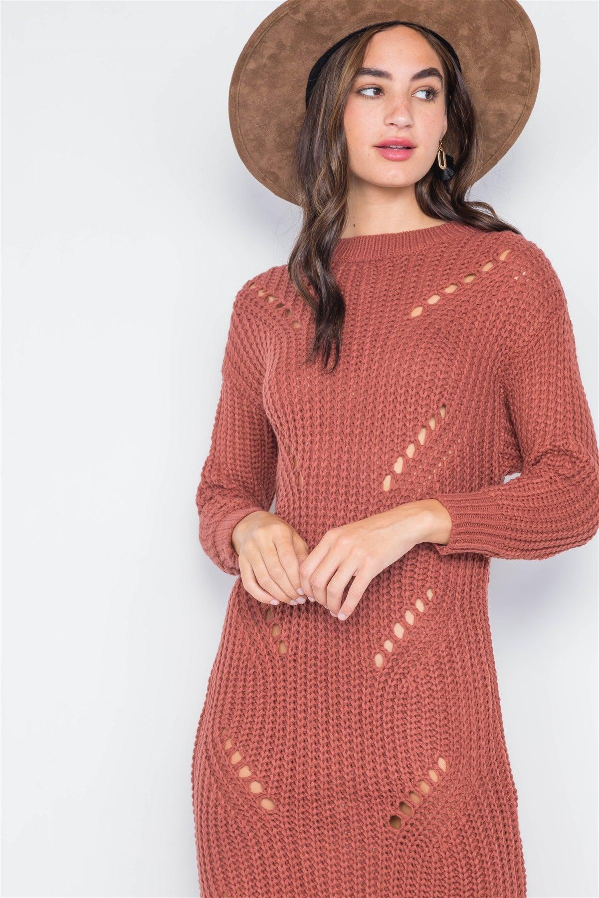 Rust Chunky Knit Long Sleeve Sweater Dress / 3-3