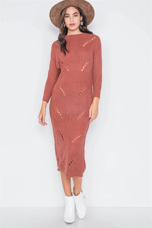 Rust Chunky Knit Long Sleeve Sweater Dress - Tasha Apparel Wholesale