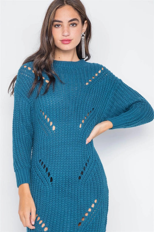 Teal Chunky Knit Long Sleeve Sweater Dress / 2-3 - Tasha Apparel Wholesale