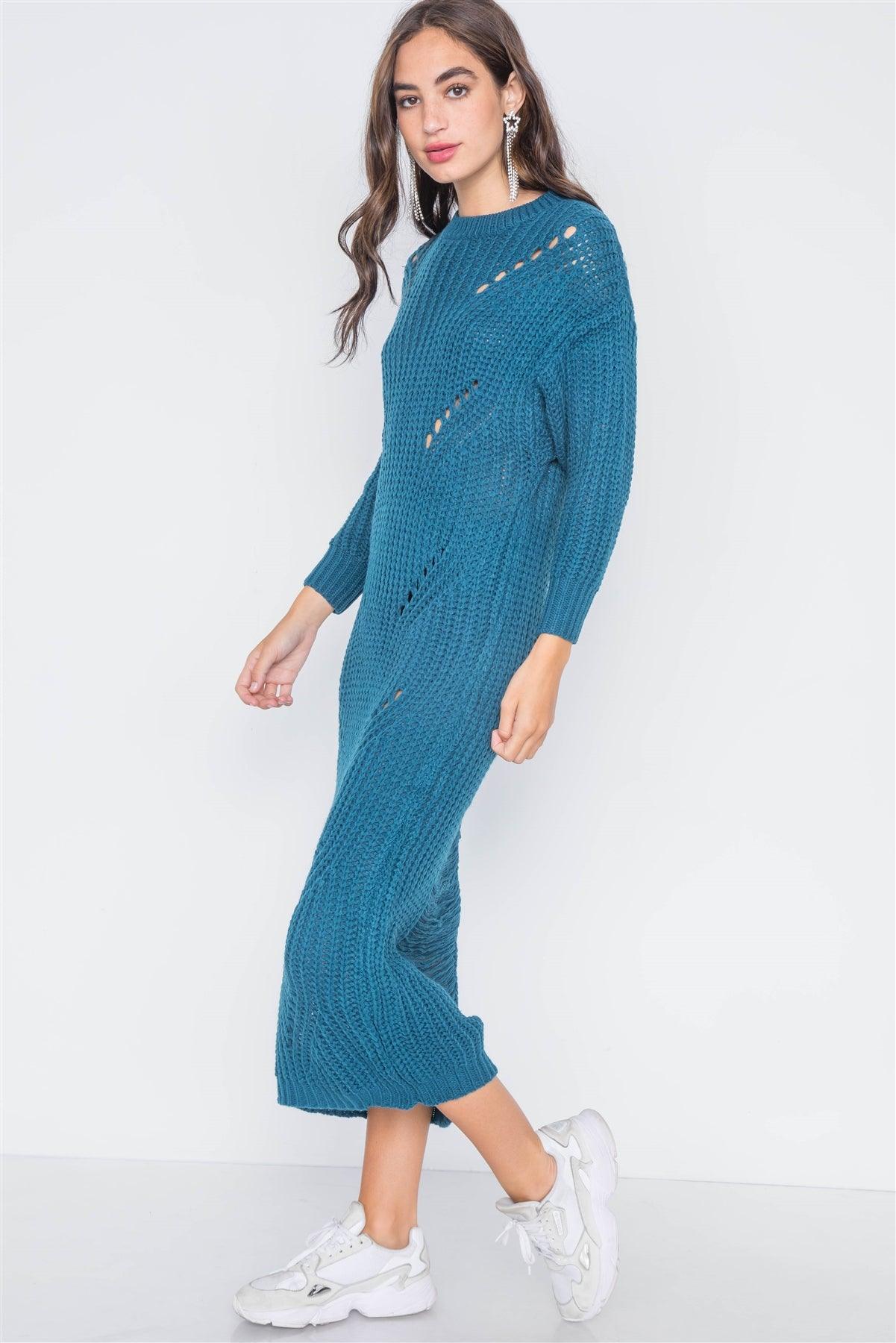 Teal Chunky Knit Long Sleeve Sweater Dress / 2-3