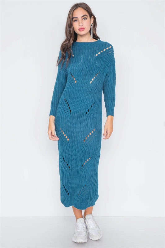 Teal Chunky Knit Long Sleeve Sweater Dress - Tasha Apparel Wholesale