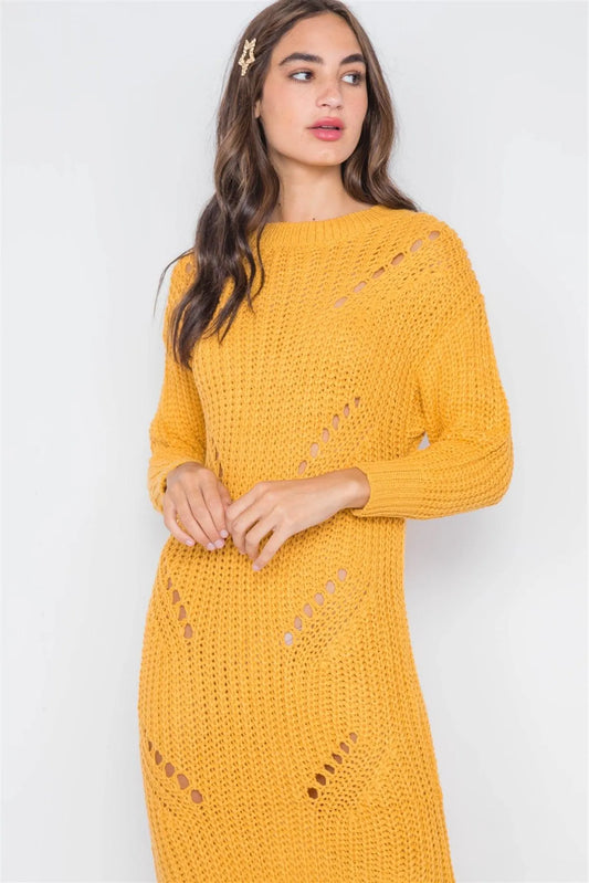 Yellow Chunky Knit Long Sleeve Sweater Dress / 2-2 - Tasha Apparel Wholesale
