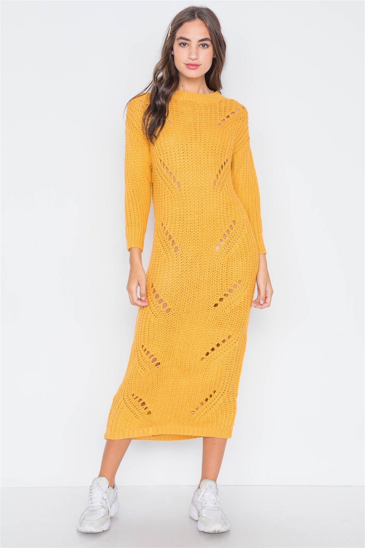 Yellow Chunky Knit Long Sleeve Sweater Dress / 2-2