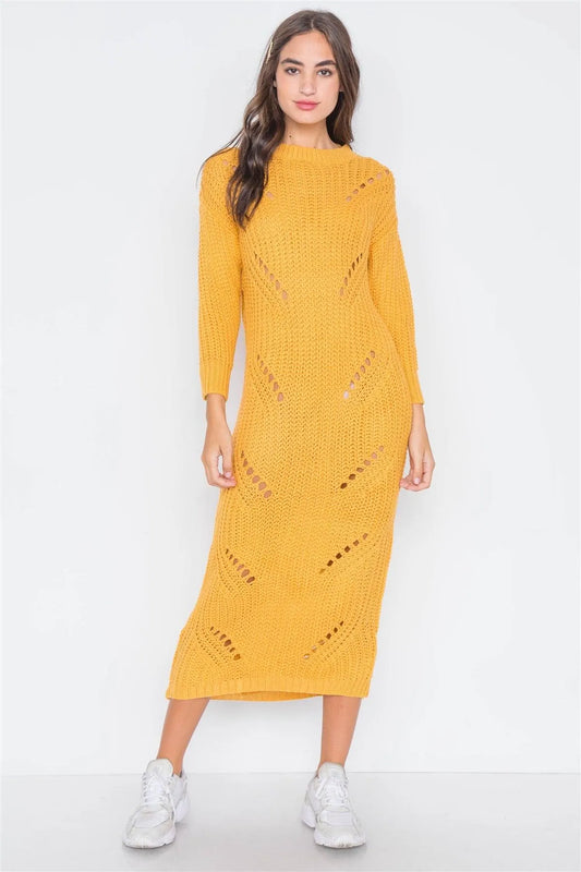 Yellow Chunky Knit Long Sleeve Sweater Dress / 3-3 - Tasha Apparel Wholesale