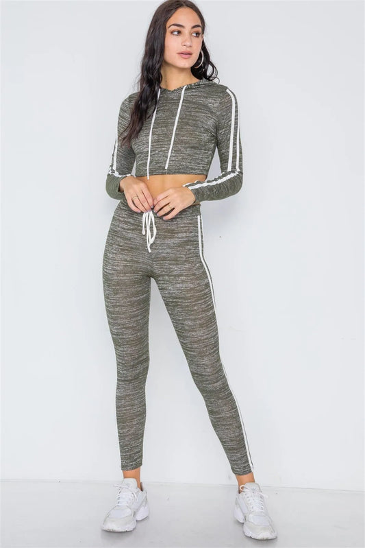 Green Heathered Crop Top Legging Two Piece Set /2-2-2 - Tasha Apparel Wholesale