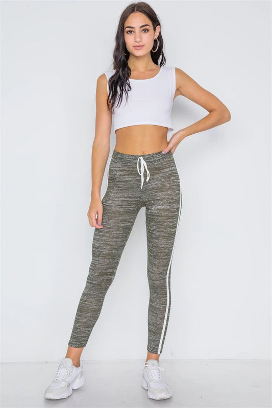 Green Heathered Contrast Trim Legging Pants /2-2-2 - Tasha Apparel Wholesale