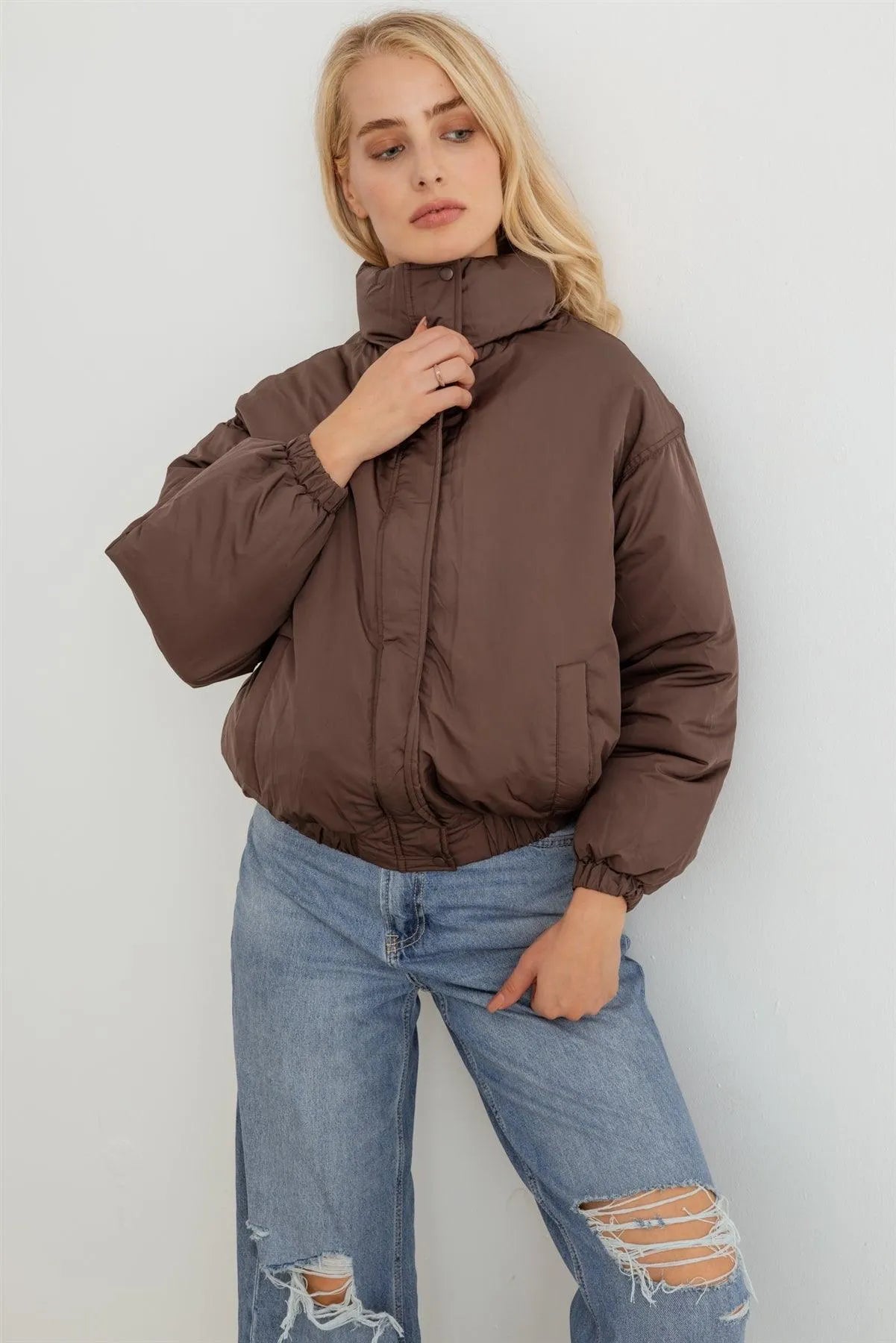Chocolate Zip-Up Long Sleeve Puffer Jacket - Tasha Apparel Wholesale