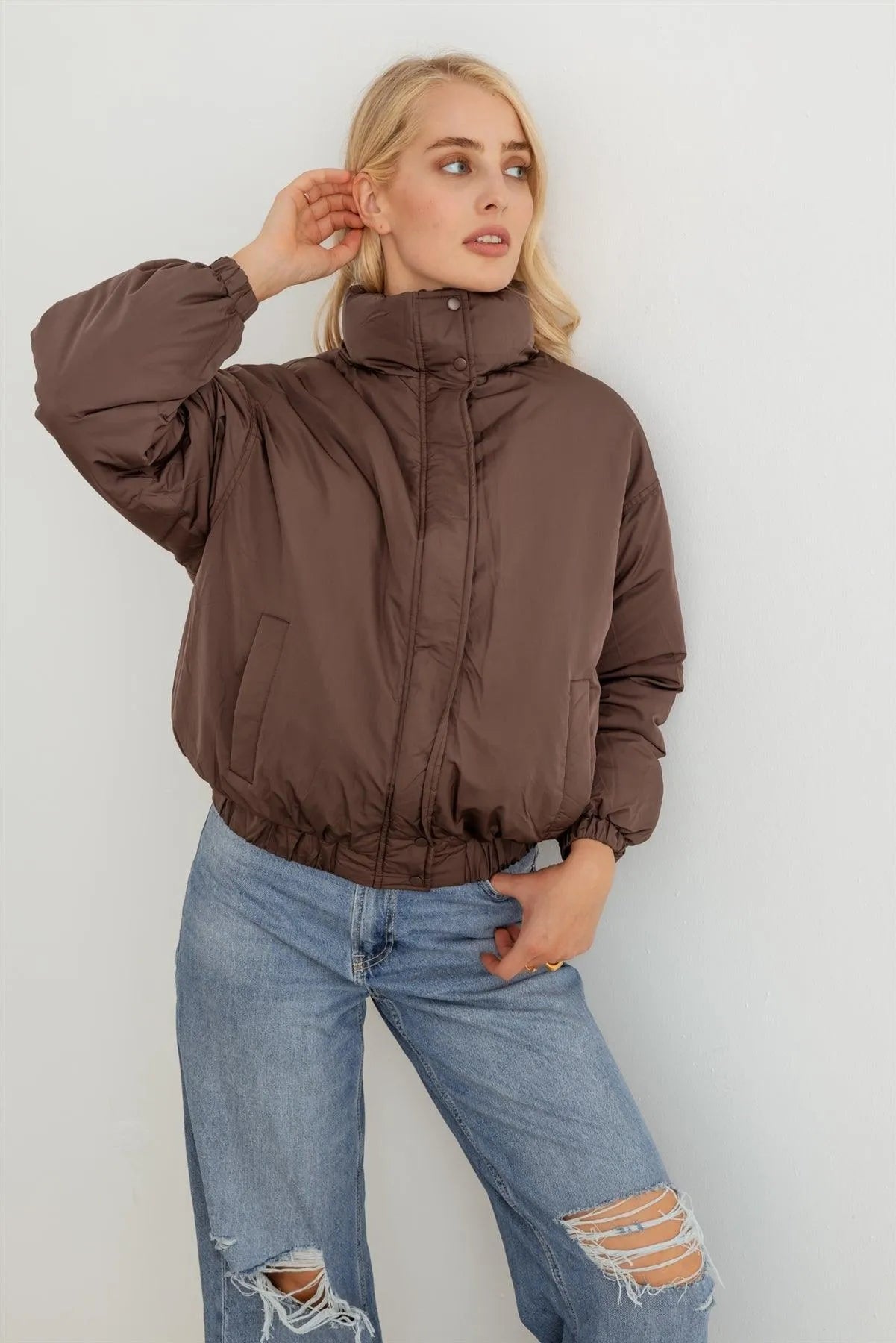 Chocolate Zip-Up Long Sleeve Puffer Jacket - Tasha Apparel Wholesale
