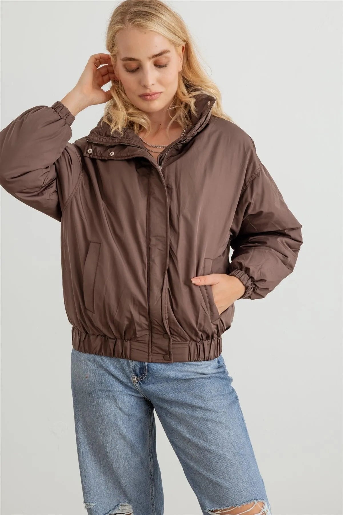 Chocolate Zip-Up Long Sleeve Puffer Jacket - Tasha Apparel Wholesale
