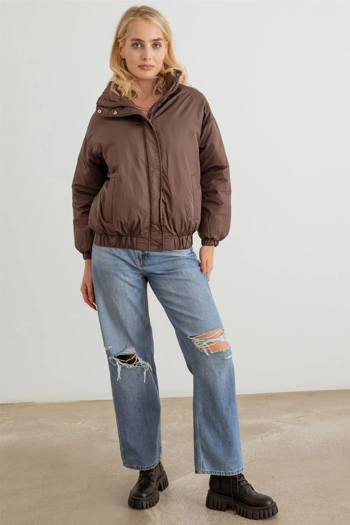 Chocolate Zip-Up Long Sleeve Puffer Jacket - Tasha Apparel Wholesale