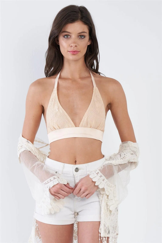Beige Nude Floral Lace Back Neck Tie Bralette /3-2-1 - Tasha Apparel Wholesale