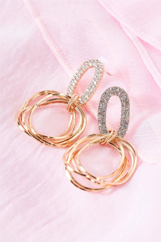 Gold Rhinestone Linked Multiple Hoop Drop Earrings /3 Pairs - Tasha Apparel Wholesale