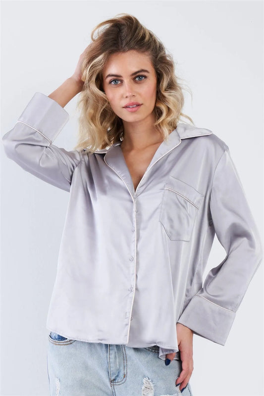 Silk Silver White Trim V-Neck Button Down Casual Relaxed Fit Top /3-2-1 - Tasha Apparel Wholesale