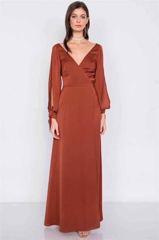 Copper Satin Cold Shoulder Wrap Chic V-Neck Maxi Dress /3-2-1 - Tasha Apparel Wholesale