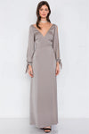 Gun Metal Satin Cold Shoulder Wrap Chic V-Neck Maxi Dress /3-2-1 - Tasha Apparel Wholesale